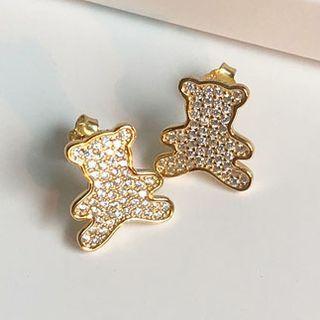 Rhinestone Bear Ear Stud 1 Pair - E362 - Bear - Gold - One Size