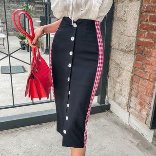 Button-down Check Midi Pencil Skirt