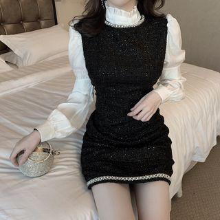 Long-sleeve Panel Tweed Mini A-line Dress