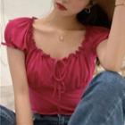 Puff-sleeve Frill Trim Tie-front Crop Top Rose Pink - One Size