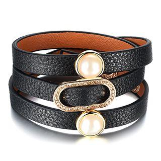 Faux-pearl Rhinestone Genuine Leather Bracelet