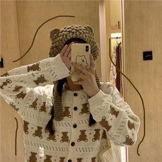 Bear Jacquard Cardigan Coffee Bear - White - One Size