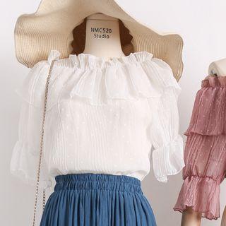 Boatneck Ruffled-trim Dotted Chiffon Top