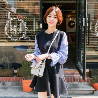 Tie-sleeve Ruffle-hem Color-block Dress