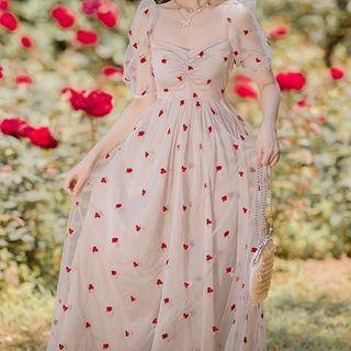 Short-sleeve Embroidered Mesh Maxi A-line Dress