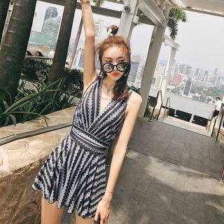 Patterned V-neck Swim Dress