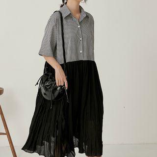 Mock Two-piece Checked Elbow-sleeve Dress Black - One Size