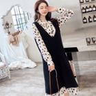 Leopard Print Long Sleeve Dress / V-neck Knitted Pinafore Dress