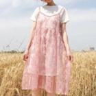 Set: Short-sleeve T-shirt Dress + Spaghetti Strap Lace Dress