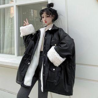 Faux Leather Fleece Button Coat