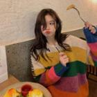 Round-neck Color Panel Long-sleeve Sweater Multi-color - One Size