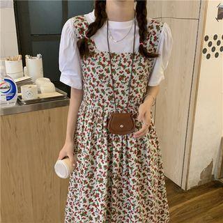Short-sleeve Plain T-shirt / Floral Midi Overall Dress / Set