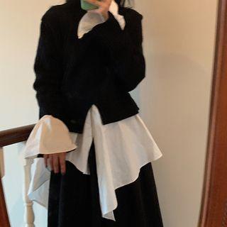Turtleneck Mock Two-piece Sweater / Midi A-line Skirt