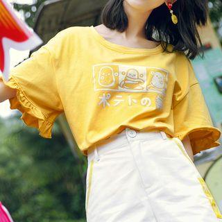 Ruffle-sleeve Potato Print Short-sleeve Top