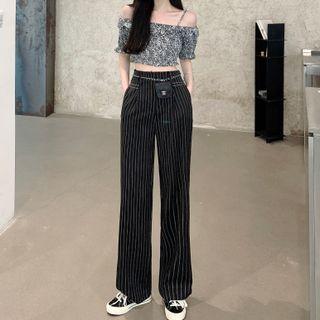 Off-shoulder Floral Top / High-waist Striped Pants