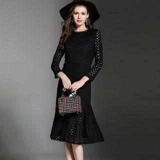 3/4-sleeve Lace Panel Midi Dress