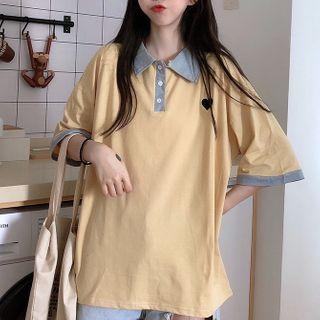 Heart Embroidered Collared Elbow-sleeve T-shirt