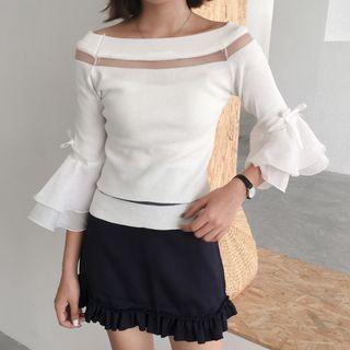 Off Shoulder 3/4 Sleeve Mesh Panel Inset Knit Top