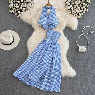 Set: Check Halter Tank Top + Smocked Dress