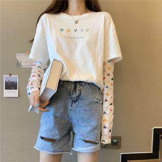Mock Two-piece Mesh Panel Heart-printed Top