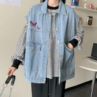 Butterfly Print Single-breasted Denim Vest Light Blue - One Size
