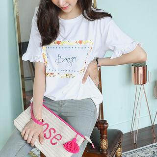 Frilled Short-sleeve Printed Cotton T-shirt