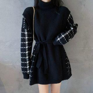Mock Two-piece Plaid Long-sleeve Mini Knit Dress