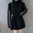 Mock Two-piece Plaid Long-sleeve Mini Knit Dress