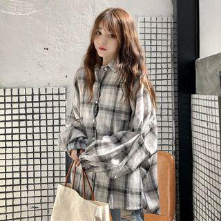 Bubble-sleeved Plaid Shirt