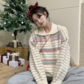 Striped Loose-fit Knit Polo-shirt Almond - One Size
