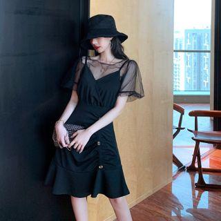 Set: Puff-sleeve Mesh Top + Spaghetti Strap A-line Dress