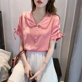 Short-sleeve Lace-up Beaded Blouse