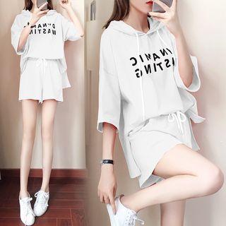 Set: Drawstring Hooded Elbow-sleeve T-shirt + Drawstring Sweat Shorts