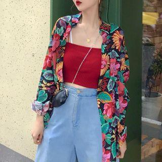 Floral Print Shirt / Ribbed Cropped Camisole Top