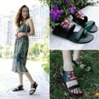 Genuine Leather Embroidered Toe Loop Ankle Strap Sandals