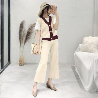 Set: Contrast Trim Knit Vest + Wide-leg Knit Pants