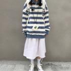 Striped Polo Sweatshirt / A-line Midi Skirt