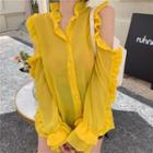 Long-sleeve Cold Shoulder Frill Trim Chiffon Shirt Yellow - One Size