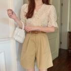 Short-sleeve Eyelet Lace Blouse / Wide-leg Dress Shorts