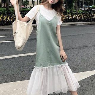 Mock Two-piece Short-sleeve Sheer Panel Midi Dress