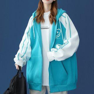 Bear Print Striped Zipped Hooded Jacket
