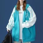 Bear Print Striped Zipped Hooded Jacket