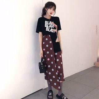 Short-sleeve Letter T-shirt / Spaghetti Strap Dotted Midi Dress