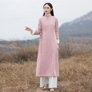 Long-sleeve Fleece-lined Wrap Midi Qipao / Wide Leg Pants / Set