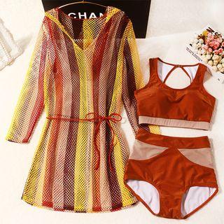 Set: Color Block Bikini + Striped Cover-up