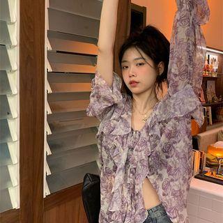 Long-sleeve Floral Ruffle Trim Blouse Purple & White - One Size