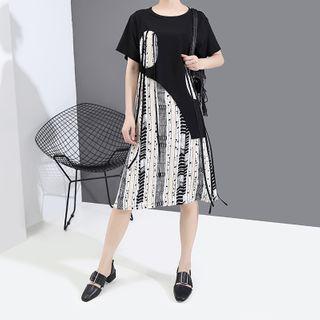 Mock Two-piece Short-sleeve Printed Panel Midi A-line Dress