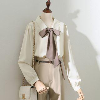 Lantern-sleeve Lace Trim Bow Shirt