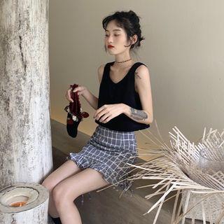 Plain Tank Top / Mini Plaid A-line Skirt / Belt