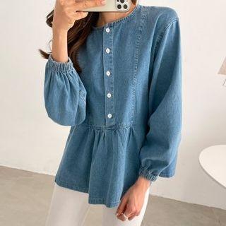 Button-detail Flared Denim Blouse